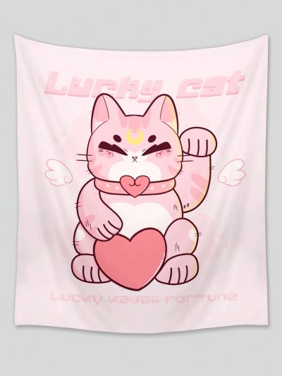 Ailko 1pc Cartoon Handdrawn Cute Lucky Cat With Angel Wings Pattern Polyester Wall Tapestry, Suitable For Daily Living Room And Bedroom Wall Decoration, Camping Decoration, And All-Season Wall Hanging