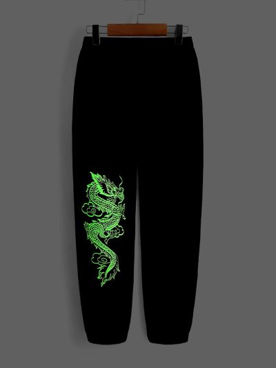 SHEIN Teen Boys' Casual Glow In The Dark Green Dragon Printed Jogger Pants