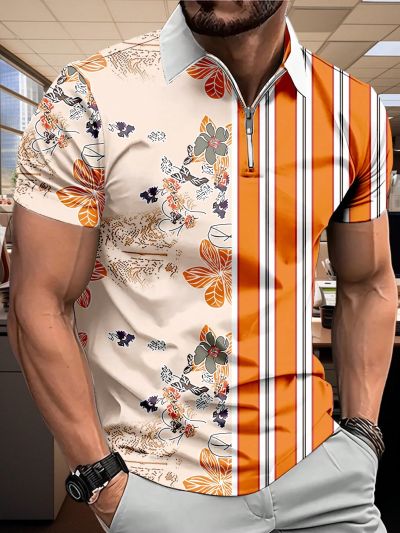 Men's Casual Fashionable Floral Striped Polo Shirt With Turn-Down Collar And Zipper