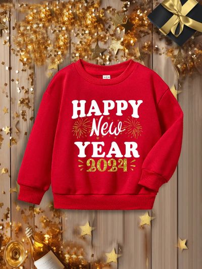Young Girls' Casual Long Sleeve Round Neck Sweatshirt With New Year Pattern, Suitable For Autumn And Winter