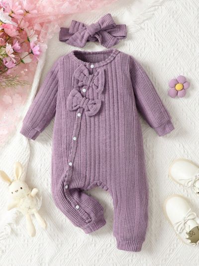Baby Girls' Solid Color Long Sleeve Jumpsuit With Bowknot Detail And Headband For Autumn/Winter