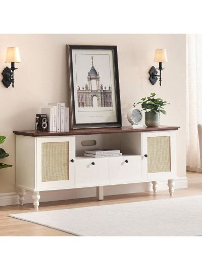 Rattan TV Stand for 65+ Inch TV, Entertainment Center TV Media Console Table, Modern TV Stand with Storage and Mesh Door For Living Room Bedroom