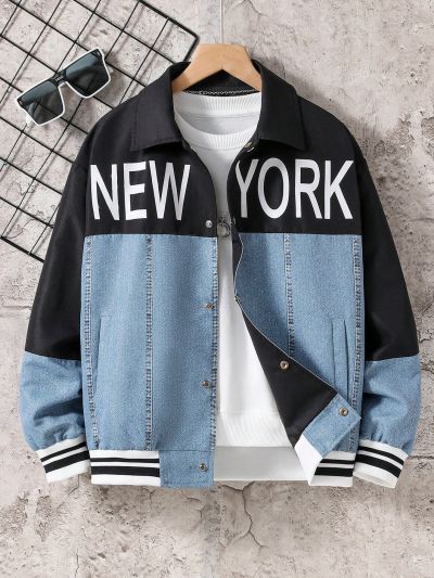 Boys' Printed Patchwork Jacket With Contrasting Collar For Youth