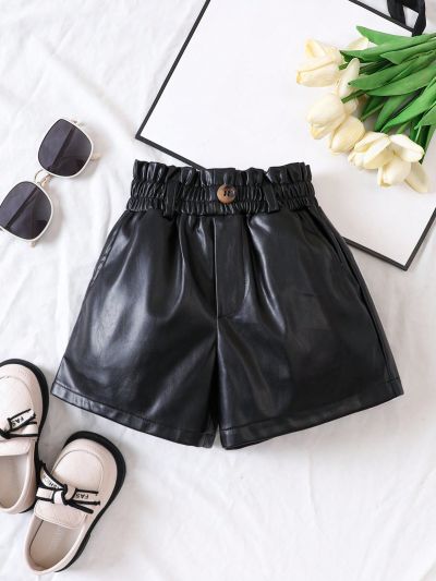 SHEIN Kids CHARMNG Girls' Woven Solid Color Pu Leather Loose Casual Shorts