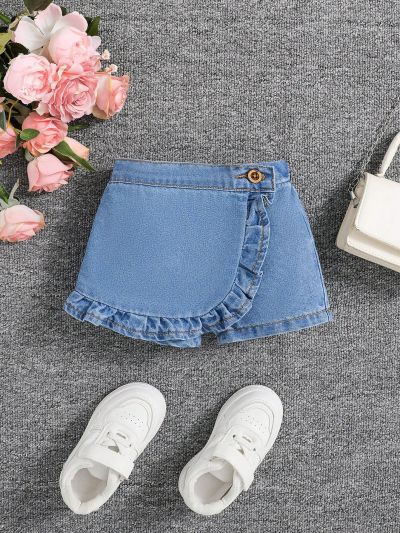SHEIN Baby Girl's Cute Ruffle Trim Wrap Elastic Waist Comfortable Soft Denim Skorts