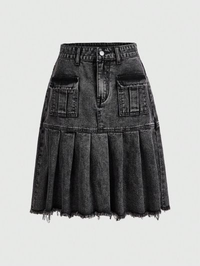 ROMWE Grunge Punk Solid Flap Pocket Raw Edge Pleated Denim Skirt