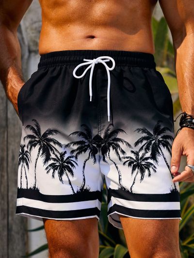 Men'S Gradient Color Beach Shorts With Coconut Tree Prints