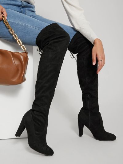 Almond Toe Chunky Heel Thigh High Boots