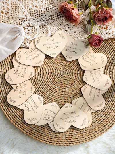 Heart Shaped Baby Monthly Milestone Wooden Disc, Baby Photo Props