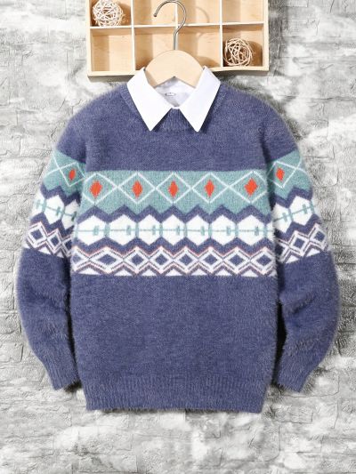 Boys' Geometric Pattern Crew Neck Sweater