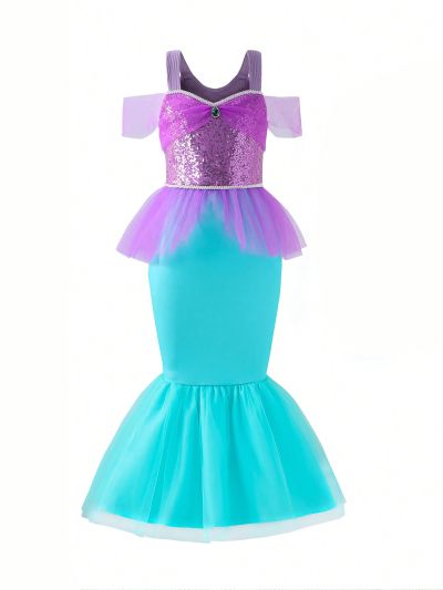 Young Girl's Mermaid Scale Costume Sequin Mesh Jewel Embellished Bodysuit Dress For Cosplay/ Festival/ Party