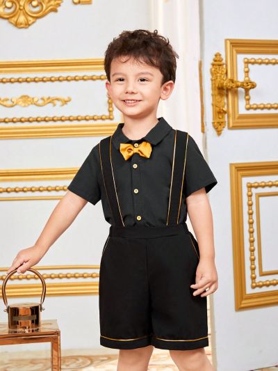 SHEIN Kids FANZEY Young Boy's Stylish Contrast Color Weave Strap Shirt, Suspenders Shorts Suit