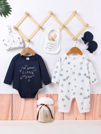 SHEIN 6-piece Baby Boy's Casual Daily Life Cute And Interesting Letter Print Star Print Pattern Baby Gift Set