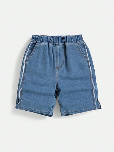 SHEIN Boys' Elastic Waistband, Non-stretch, Straight-leg, Frayed Hem Denim Shorts, Blue
