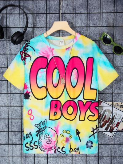 SHEIN Kids EVRYDAY 1pc Tween Boy Round Neck Short Sleeve Tie-Dye Big Pattern Casual T-Shirt For Summer