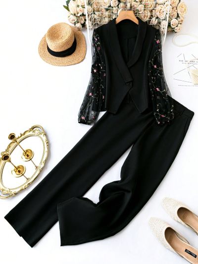 SHEIN CURVE+ Plus Size Mesh Patchwork Blazer Set