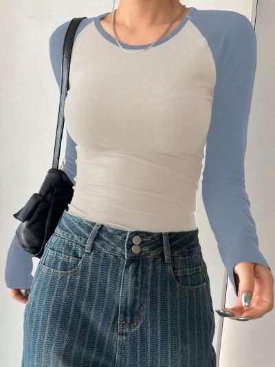 DAZY Casual Color Block Long Sleeve Slim Fit T-Shirt