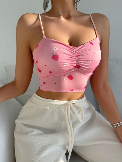 Strawberry Pattern Ruffled Tank Top