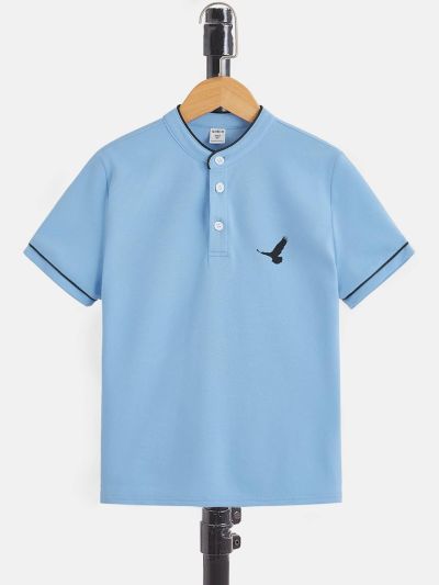 SHEIN Teen Boys' Casual Bird Printed Stand-Up Collar Short Sleeve Polo Shirt For Summer