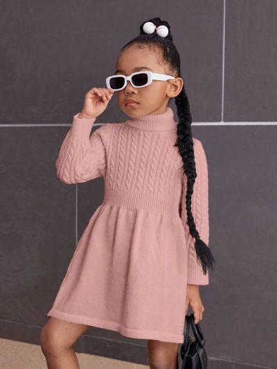 SHEIN Toddler Girls' Wide Hem Loose Fit Turtleneck Sweater Dress With Long Sleeves