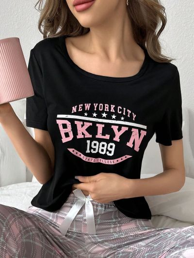 Women'S Short Sleeve Sleepwear Top With Letter And Number Print