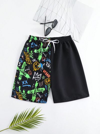 Teen Boys' Letter & Cartoon & Face Printed Beach Shorts