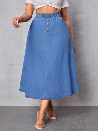 Plus Size Elastic Waist Button Decoration Denim Skirt