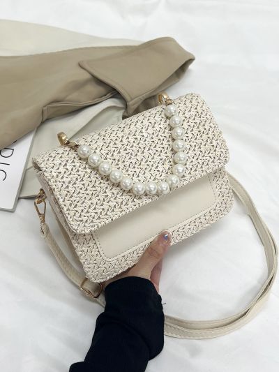 Lightweight,Business Casual Argyle Princess Faux Pearl & Rhinestone Pearl Chain & Decor Mini Faux Pearl Decor Flap Straw Bag For Party, Wedding, Prom and Dinner, Lipsticks, Women's Pearl Bag For Teen Girls Women College Students,Rookies &