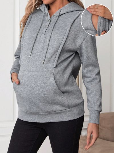 SHEIN Maternity Nursing Pouch Pocket Zipper Hooded Sweatshirt With Drawstring