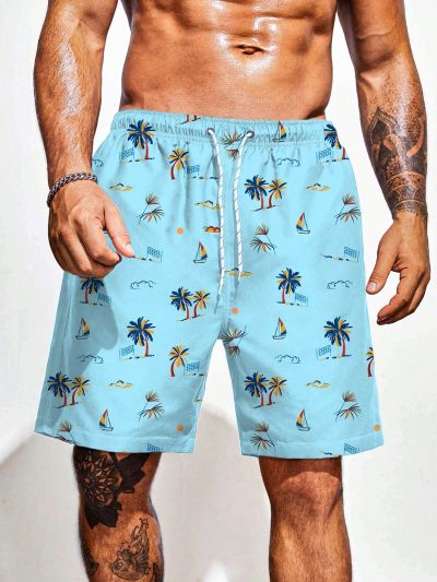 Men's Plus Size Palm Tree Printed Beach Shorts