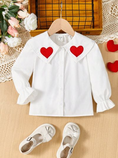 SHEIN Kids KDOMO Toddler Girls' Loose Fit Casual Heart Pattern Embroidery Big Collar Shirt