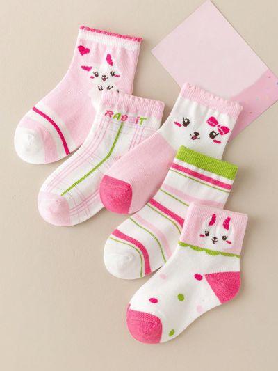 5pairs/set Girls' Cartoon Rabbit Mid-calf Socks Suitable For Everyday Wear All Year Round