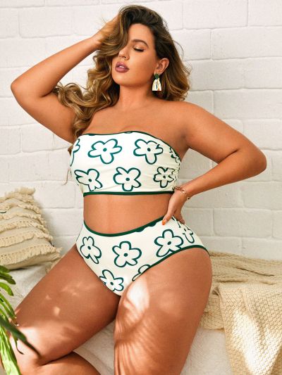 Plus Floral Print Contrast Binding Bandeau High Waisted Bikini Swimsuit