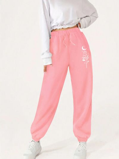 SHEIN Qutie Women'S Floral & Moon Pattern Drawstring Waist Harem Pants