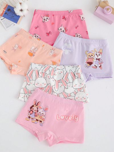 Girls' Cartoon Print Spliced Underwear, 5pcs/Pack