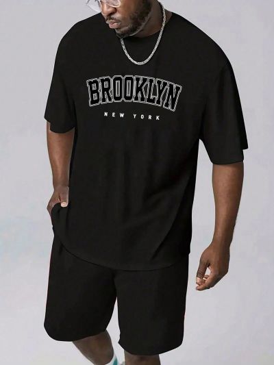 Men's Plus Size Letter Printed Round Neck Short-sleeved T-shirt And Shorts Set