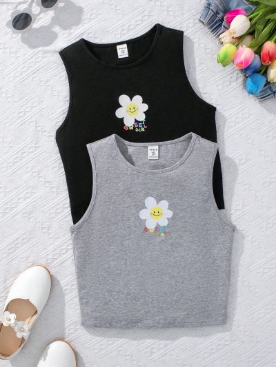 SHEIN Kids EVRYDAY Girls' Floral Pattern Casual Tank Top 2pcs Set