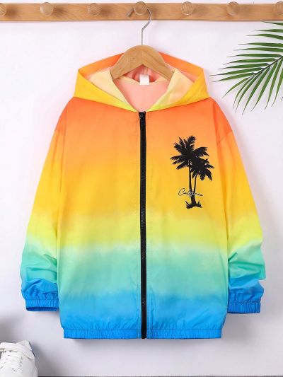 SHEIN Kids SUNSHNE Boys' Coconut Tree Gradient Printed Hooded Cardigan Jacket For Holiday, Lightweight Woven Fabric