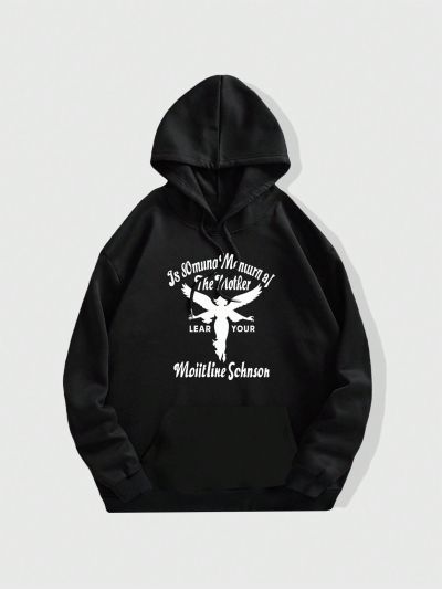 Men's Plus Size Hoodie With Angel And Slogan Print