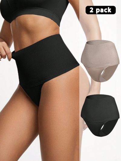 2pcs Women'S Solid Color High Waist Tummy Control Thong Underwear
