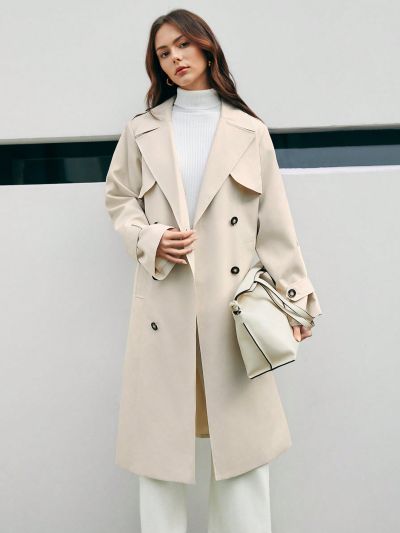 Anewsta Women's Lapel Double Breasted Windbreaker Coat With Belt