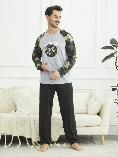 Men'S Camouflage Raglan Long Sleeve T-Shirt And Long Pants Homewear Set
