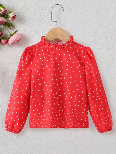 SHEIN Kids EVRYDAY Little Girls' Elegant Vintage Stand Collar Fitted Shirt With Hearts Print Long Sleeve Spring/Fall