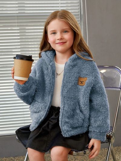 SHEIN Little Girl's Bear Patch Plush Hooded Loose Casual Jacket