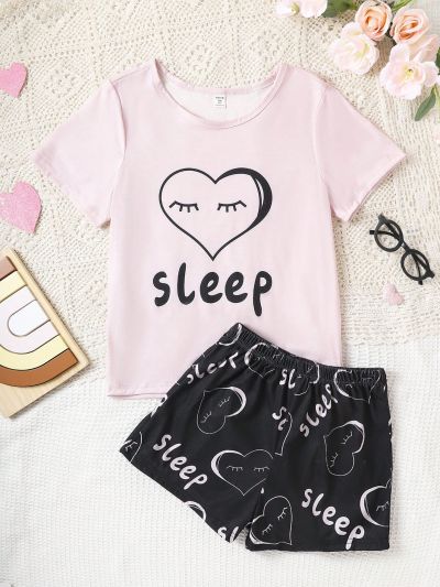 Teens' Simple Love Heart & Letter Printed Short Sleeve Top And Shorts Homewear Set For Girls