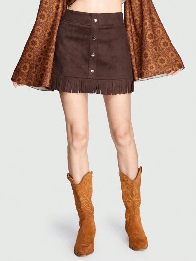 ROMWE Hippie Women'S Fringed Asymmetric Hem Skirt With Single-Row Buckle