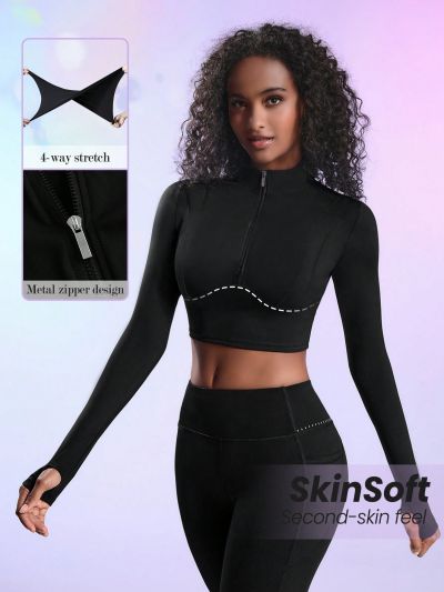 SHEIN Leisure Solid Color Zipper Half Zip Closure Slim Fit Sports Sweatshirt