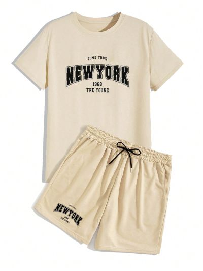 Men's Letter Print Short Sleeve T-Shirt And Shorts 2pcs/Set