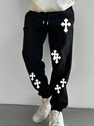 Extended Sizes Men's Cross Print Drawstring Jogger Pants