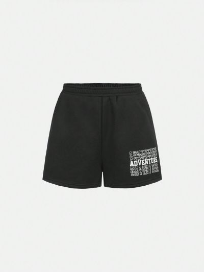 SHEIN Kids EVRYDAY Girls' Knit Letter Print Loose Casual Shorts